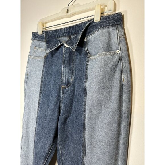 CIDER Color Block Stripe Straight Leg Jeans Shirt Collar Fold Front Waist Large - Picture 3 of 6